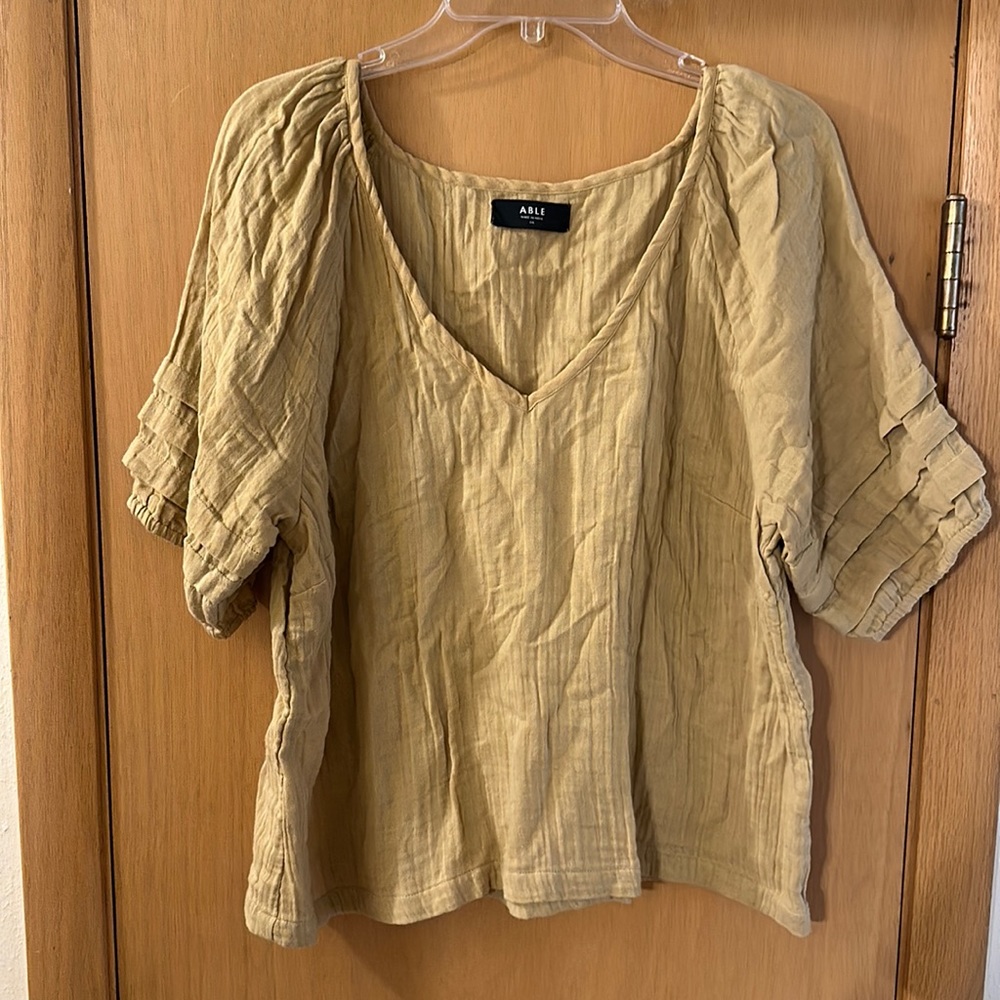 Able Women’s Gauzy Pleated Sleeve Blouse Top Mustard Goldenrod Yellow Size XXL